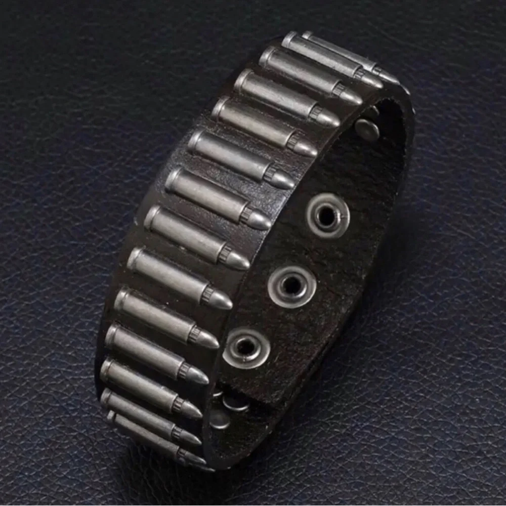 Men's Leather Bracelet with Gunmetal Bullet Accents